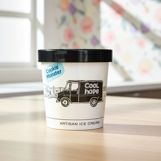 Cookie Monster ice cream pint by Cool Hope — small-batch, handcrafted in San Juan, Puerto Rico
Pinta de helado Cookie Monster de Cool Hope — producción artesanal en San Juan, Puerto Rico